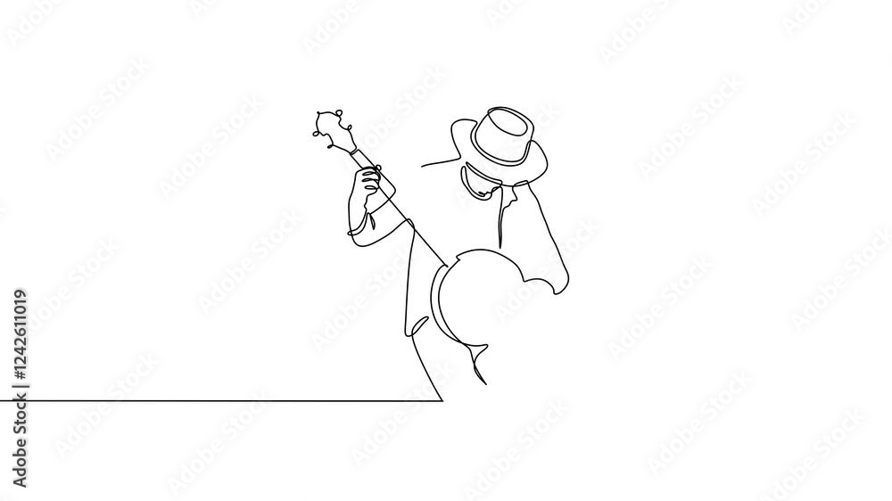 Poster continuous one line drawing animation of man playing banjo music. stringed instrument with a thin me