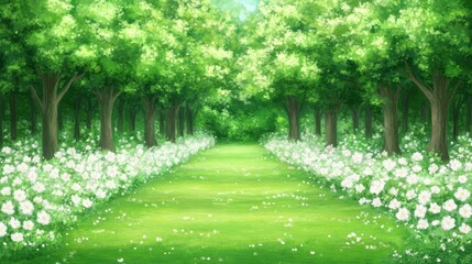 Fototapeta premium Serene White Blossoms Path Green Forest Trees Sunlight
