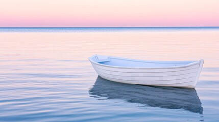 Naklejka premium Serene White Boat at Peaceful Sunset Seascape