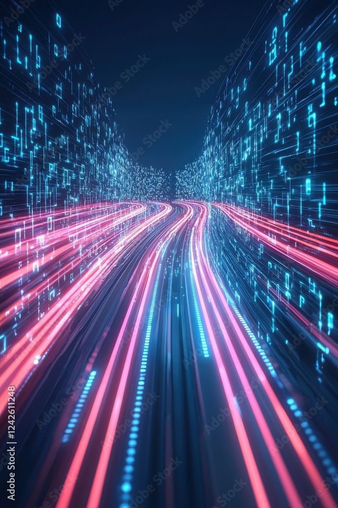 Poster digital pathway of light and data flowing forward