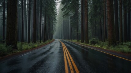 Obraz premium Misty Forest Road: A Serene Drive Through Ancient Trees