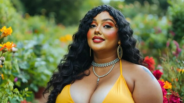 Golden Hour Radiance:  A stunning portrait of a confident woman with long, dark hair, wearing a vibrant yellow top against a backdrop of a lush garden, glowing with golden light.
