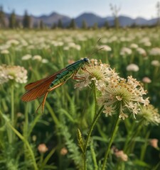 Wild carrot flower stalks sway gently in the breeze as a large grasshopper lands on one of them, wild carrot, insect life, flora