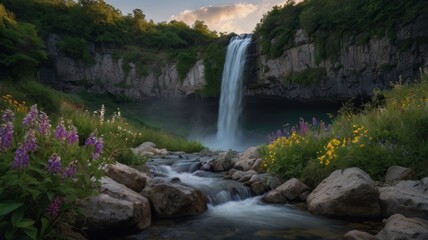 Fototapeta premium Serene Waterfall Cascading Through Verdant Landscape
