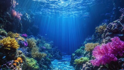 Naklejka premium Submerged Serenity: An underwater world of vibrant coral reefs and shimmering sunlight, capturing the beauty and mystery of the ocean depths. 