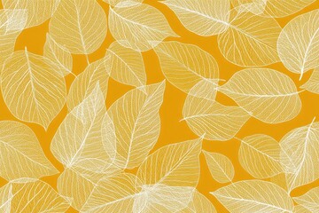 White skeleton leaves creating a seamless pattern on orange background