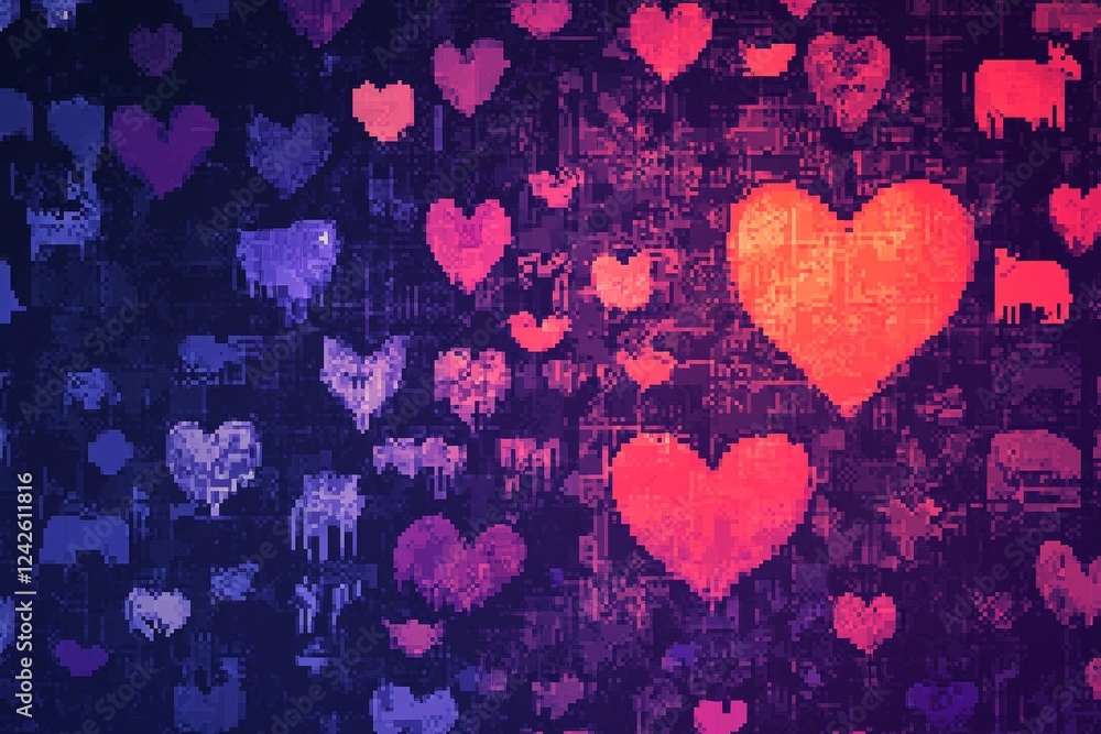 Poster pixelated hearts background - a digital art image featuring a pattern of pixelated hearts in shades 