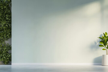 Obraz premium Natural light illuminating a minimalist interior with greenery and a potted plant