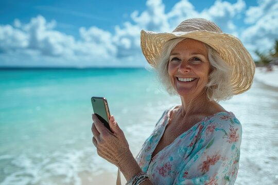 Senior woman using smartphone on tropical beach, enjoying retirement travel
