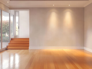 Fototapeta premium Spacious living area with wooden flooring and large windows in modern home