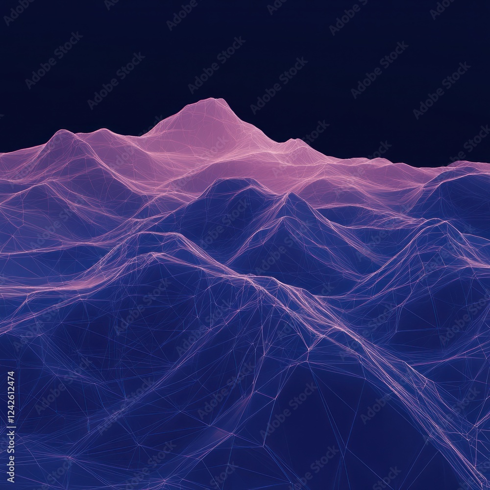 Poster abstract wireframe mountains with purplish hues against a dark sky for a tech/design background use