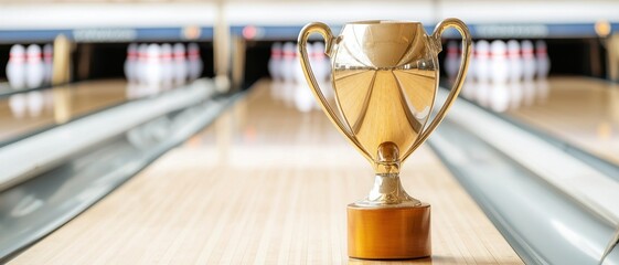 Bowling trophy on the lane concept. Trophy on a bowling alley, symbolizing victory and achievement