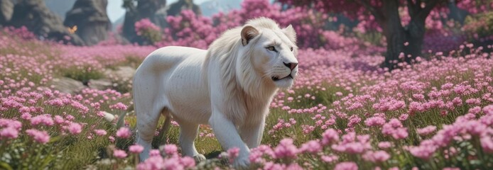 White lion strolls through a sea of pink flowers and butterflies, white lion, wild cat, flower border