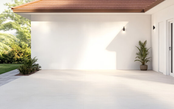 Modern outdoor patio space with minimalist design and natural greenery in the background