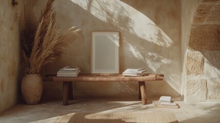 Beige Mockup with Pampas Grass and Wooden Bench in Sunlit Room