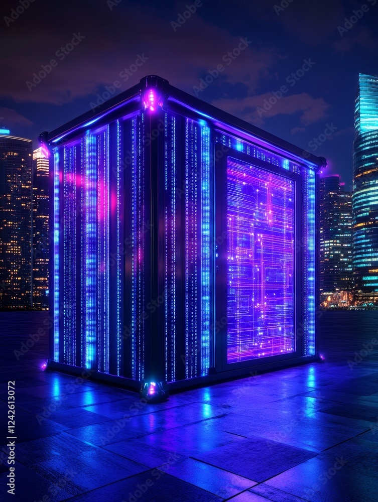 Poster futuristic data cube cityscape - a glowing data cube sits on a rooftop overlooking a modern city at 