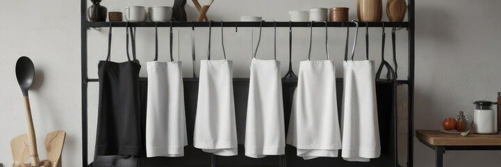 White and black aprons arranged on a metal rack in the kitchen, fashion, aprons