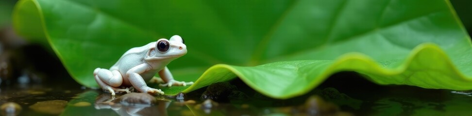 Obraz premium White albino frog hiding in the undergrowth of a large leaf, hiding, large leaf