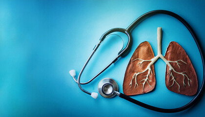 Generated image, Medical stethoscope and artificial human lungs model on a blue background, symbolizing respiratory health, tuberculosis awareness, and lung disease prevention