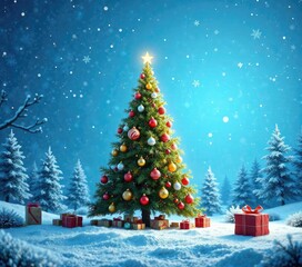 Obraz premium whimsical winter wonderland scene featuring a christmas tree with ornaments on a blue background , Ornaments, Winter wonderland