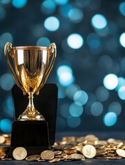 Golden Trophy and Smartphone on Coins - A golden trophy rests on a black base, beside a smartphone, surrounded by a pile of coins.  It symbolizes success, achievement, reward, wealth, and technology.