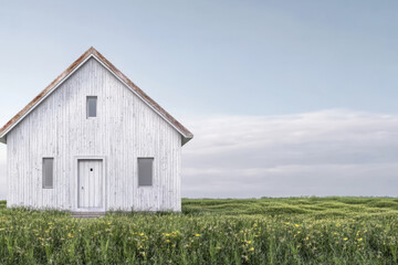 Obraz premium White wooden house stands alone in a vast green field under a clear sky
