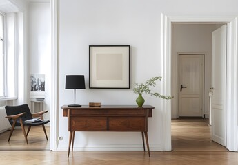 Mid century modern console table with a lamp and artwork