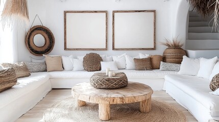 Bright White Minimalist Living Room Interior Design with Wooden Coffee Table and Neutral Pillows
