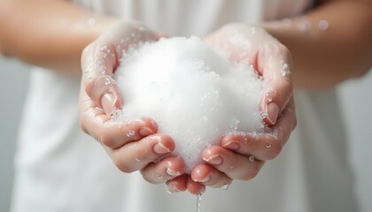 Fototapeta premium Luxurious Creamy Foam in Hands Skincare Product Image