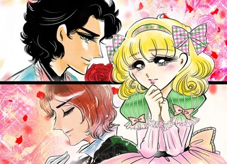 70年代少女漫画イケメン王子様たちのデートのお誘いに迷う金髪美女の妄想イラスト
