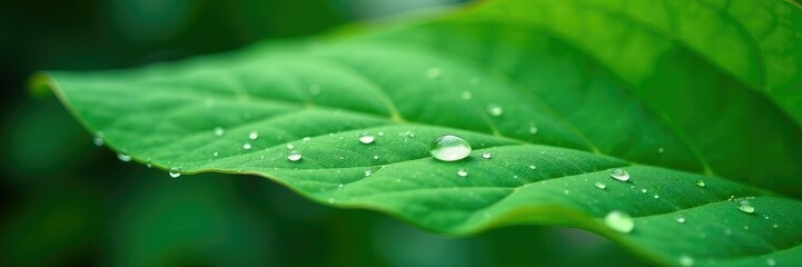 Fototapeta premium Water droplets glistening on the veins of a large green leaf, water, drops, veins