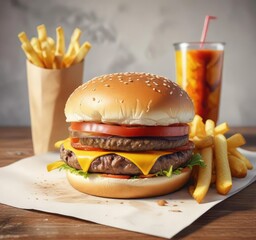 Watercolour drawing of a cheeseburger with fries, delicious, fries, fast food, cheeseburger, meal