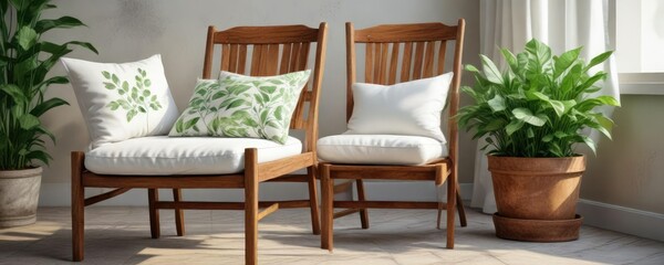 Watercolor artwork of rustic wooden chair with white cushions and green leaves on the fabric, green foliage, interior design