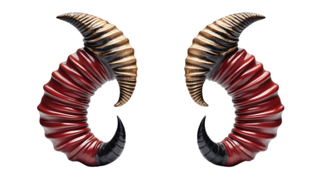 Symmetrical Red Horns: AI-Generated Glossy and Reflective Design with Segmented Appearance on Transparent Background