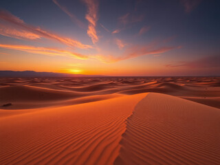 Warm sunset colors casting long shadows across a vast desert landscape with sandy dunes , big skies, long shadows, warm sunset colors, sandy dunes