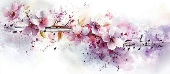 Tranquil background design blending cherry blossoms with delicate musical notes.