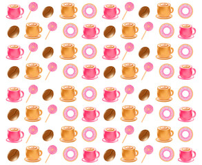Cute coffee cups, donuts, lollipops, coffee beans pattern isolated, transparent background. Great for cafe menu, delivery price, discount sale, coffee shop decorative element