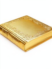 Fototapeta premium Golden Book of Knowledge - A luxurious gold book with ornate detailing rests on a white background, suggesting wealth, knowledge, or prestige.
