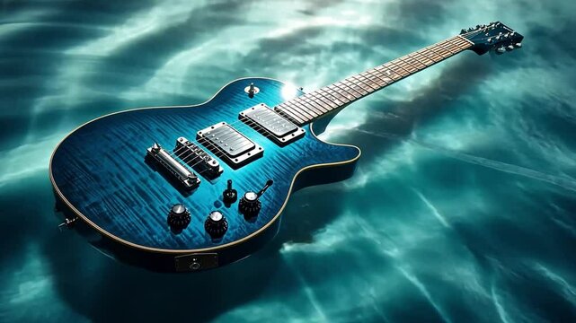 Ocean Blue Electric Guitar: A stunning electric guitar with a deep ocean blue finish rests on a textured teal background, its polished body and sleek design capturing the light.