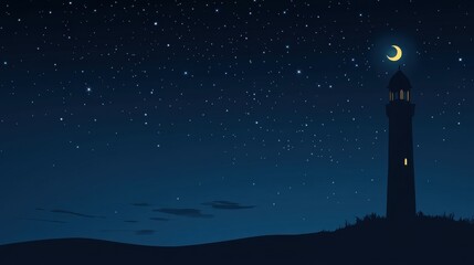 Naklejka premium Dark Blue Night Sky with Crescent Moon over a Silhouetted Minaret Tower