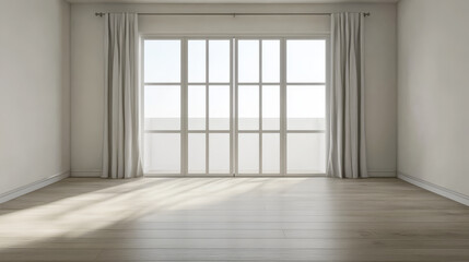 Bright and spacious empty room with large windows and light curtains in a modern setting