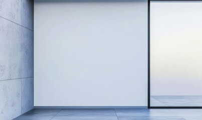 Minimalist interior design featuring a concrete wall and glass window at dusk