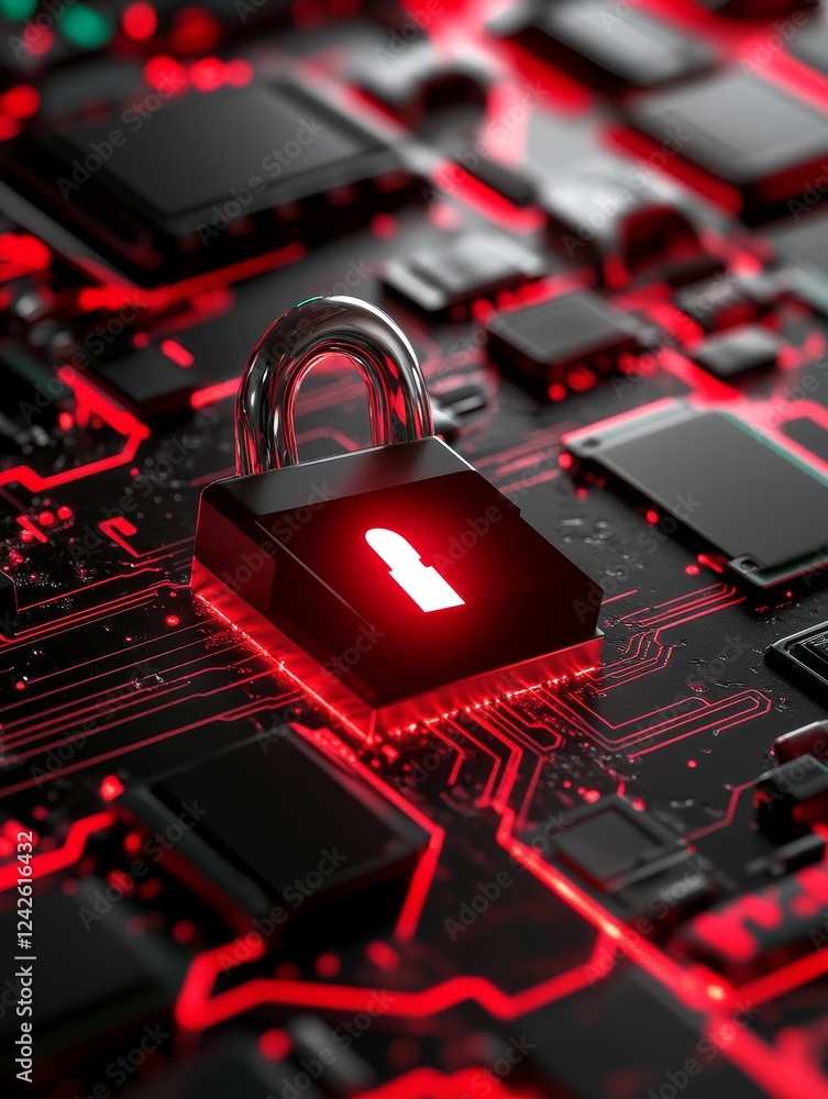 Poster cyber security protection - a padlock glowing red on a circuit board, symbolizing digital security a