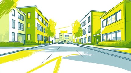 Obraz premium Modern City Street Illustration Featuring Green and Yellow Buildings
