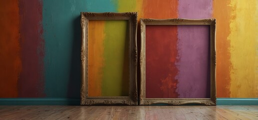 A stylish empty frame centered on a vividly painted wall with warm and cool tones blending together