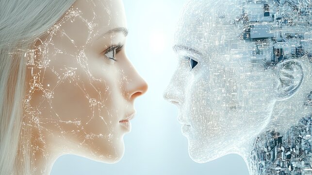 Futuristic AI Portrait &ndash; Digital Human Concept cybernetic evolution AI and human interaction glowing particles cyber face high-tech innovation design artificial intelligence future vision