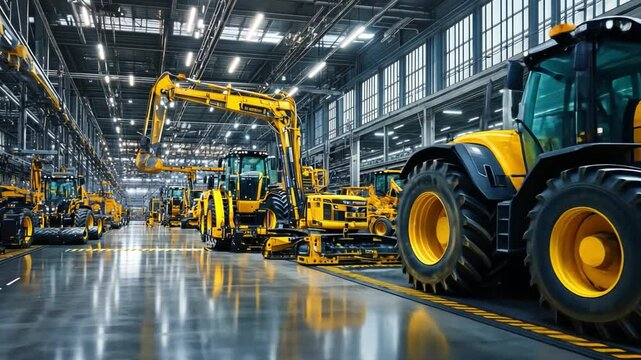 Tractor Assembly Line: Rows of gleaming yellow and black tractors stand in a modern, high-bay factory, under bright industrial lighting, showcasing advanced manufacturing and precision engineering.  