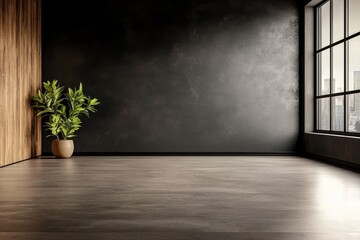 Empty reception room featuring a blend of black and wooden elements.