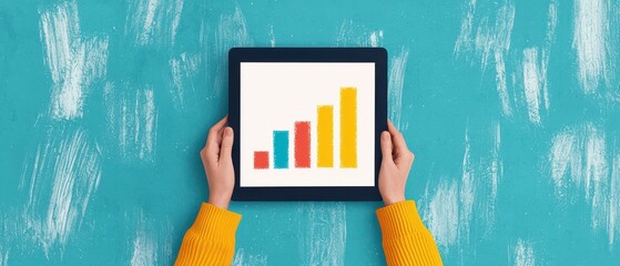 Minimal financial progress and the goal to achieve concept. Hands holding a tablet displaying a colorful bar chart on a textured blue background.