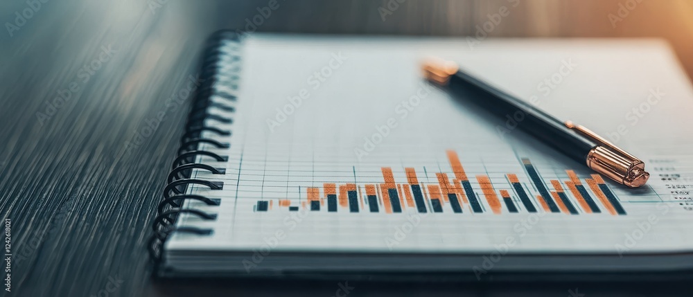 Poster minimal financial progress and the goal to achieve concept. notebook with charts and a pen on a wood